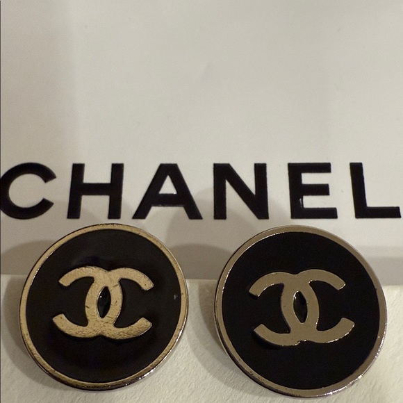 CHANEL Jewelry - CHANEL Black and Silver Logo Earrings